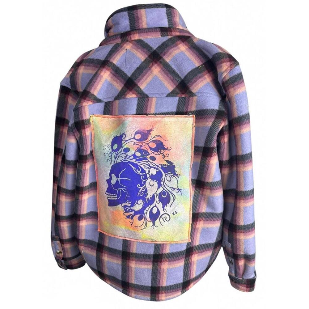 Glows Skull Patch Flannel Original Sherpa Lined Grunge Shacket L/G Neon Witchy
